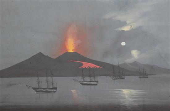 Neapolitan School c.1860 English warships in the bay of Naples with Vesuvius beyond 16 x 24in.